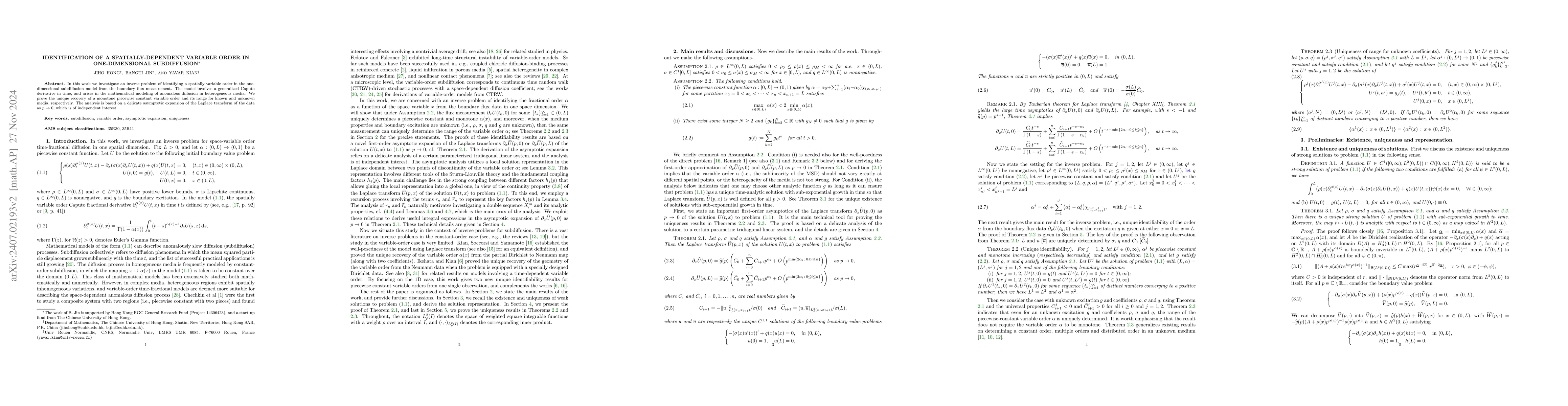 Thumbnail for Identification of a Spatially-Dependent Variable Order in
  One-Dimensional Subdiffusion