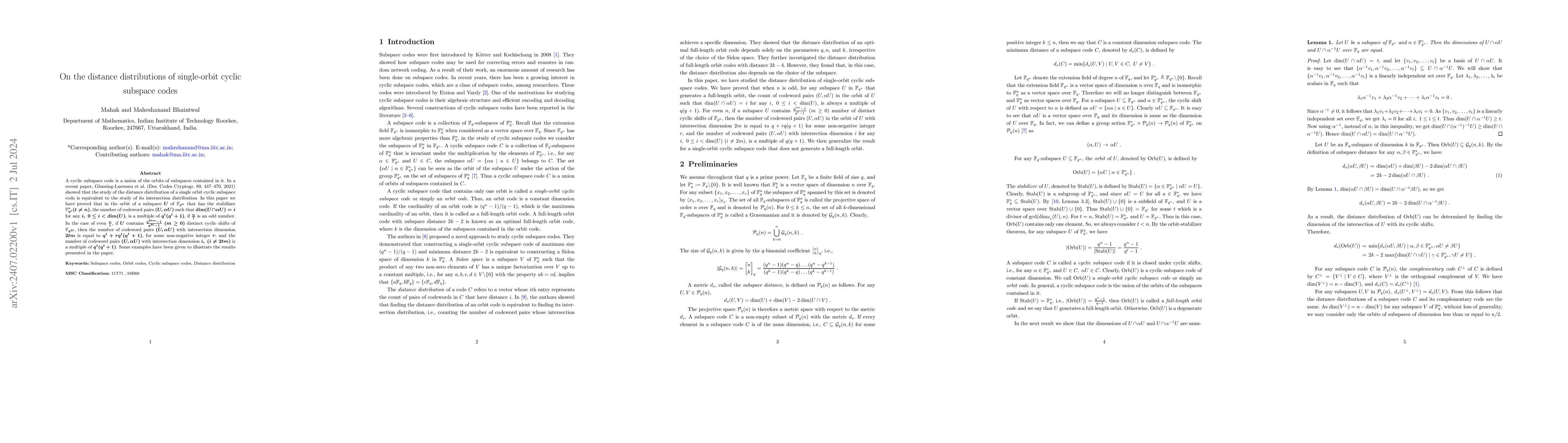Thumbnail for On the distance distributions of single-orbit cyclic subspace codes