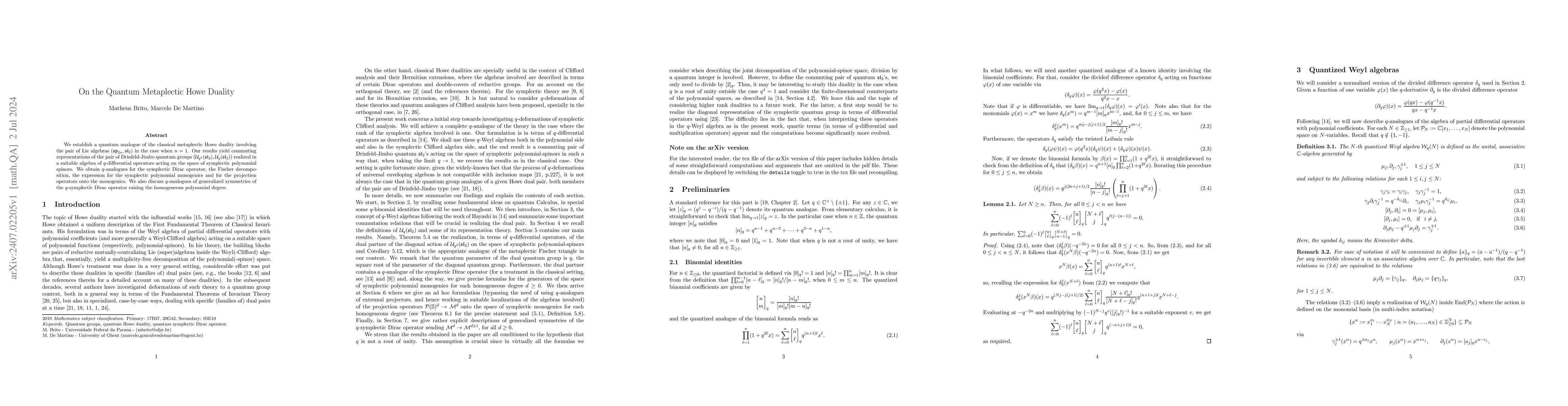 Thumbnail for On the Quantum Metaplectic Howe Duality