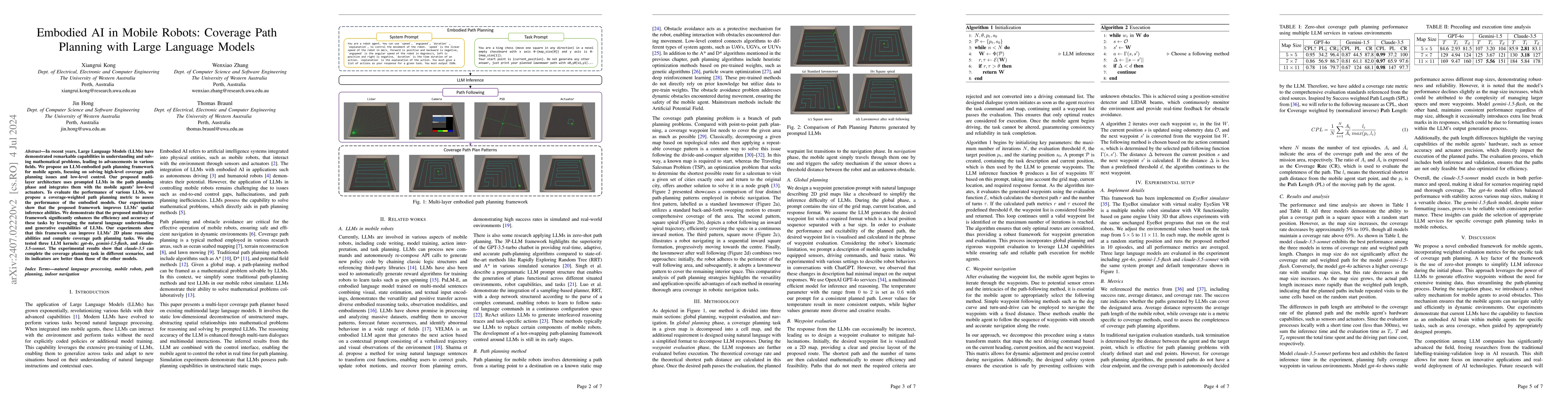 Thumbnail for Embodied AI in Mobile Robots: Coverage Path Planning with Large Language
  Models