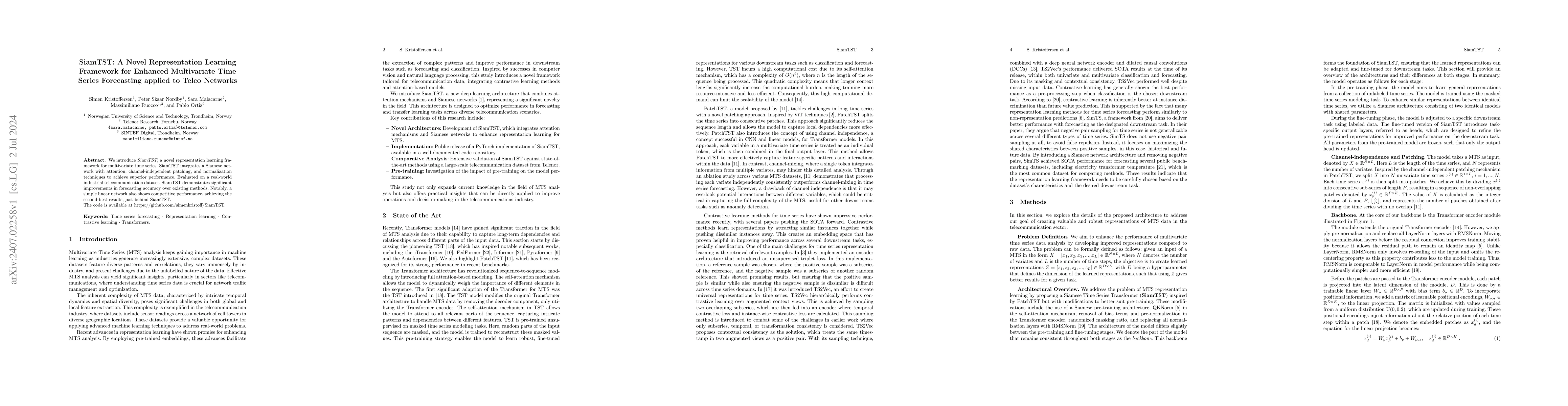 Thumbnail for SiamTST: A Novel Representation Learning Framework for Enhanced
  Multivariate Time Series Forecasting applied to Telco Networks