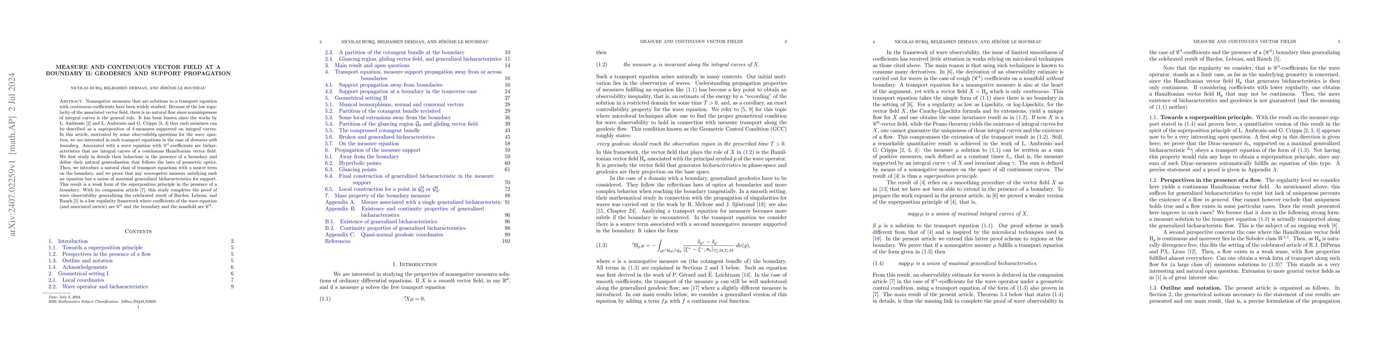 Thumbnail for Measure and continuous vector field at a boundary II: geodesics and
  support propagation