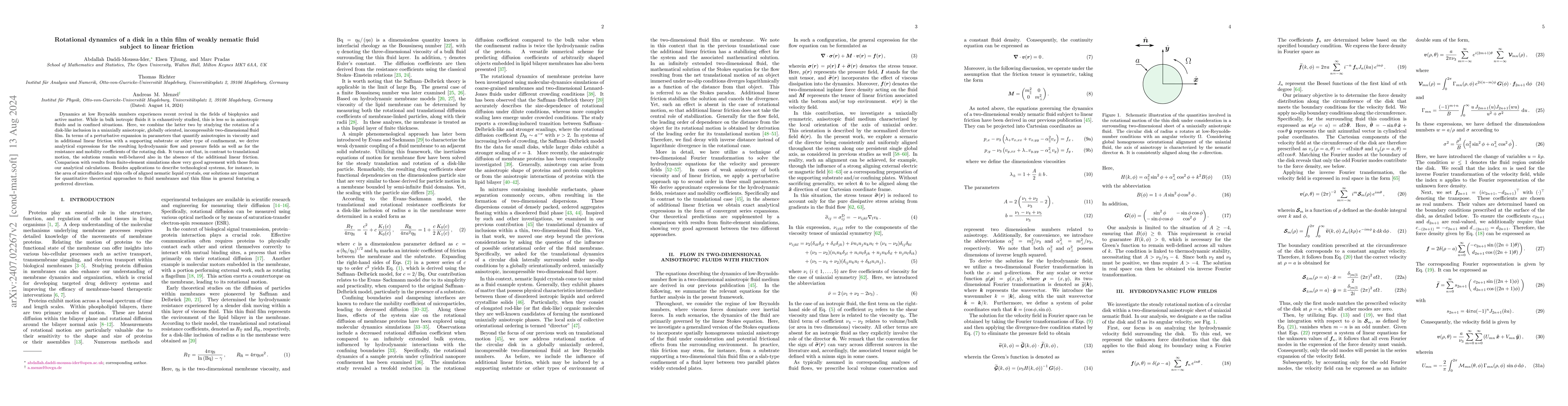 Thumbnail for Rotational dynamics of a disk in a thin film of weakly nematic fluid
  subject to linear friction