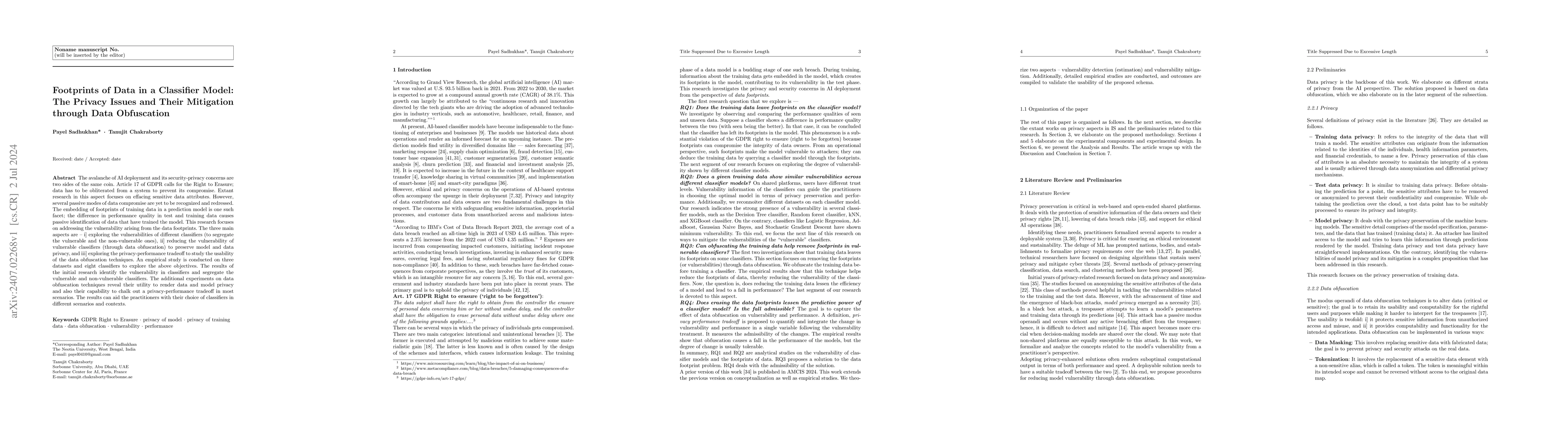 Thumbnail for Footprints of Data in a Classifier Model: The Privacy Issues and Their
  Mitigation through Data Obfuscation