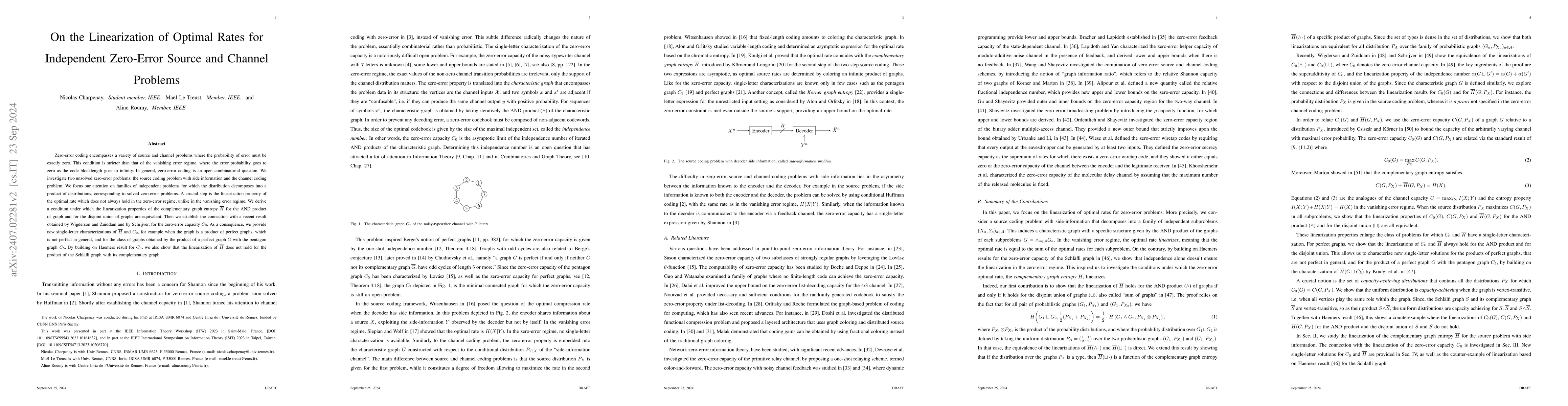 Thumbnail for Linearization of optimal rates for independent zero-error source and
  channel problems