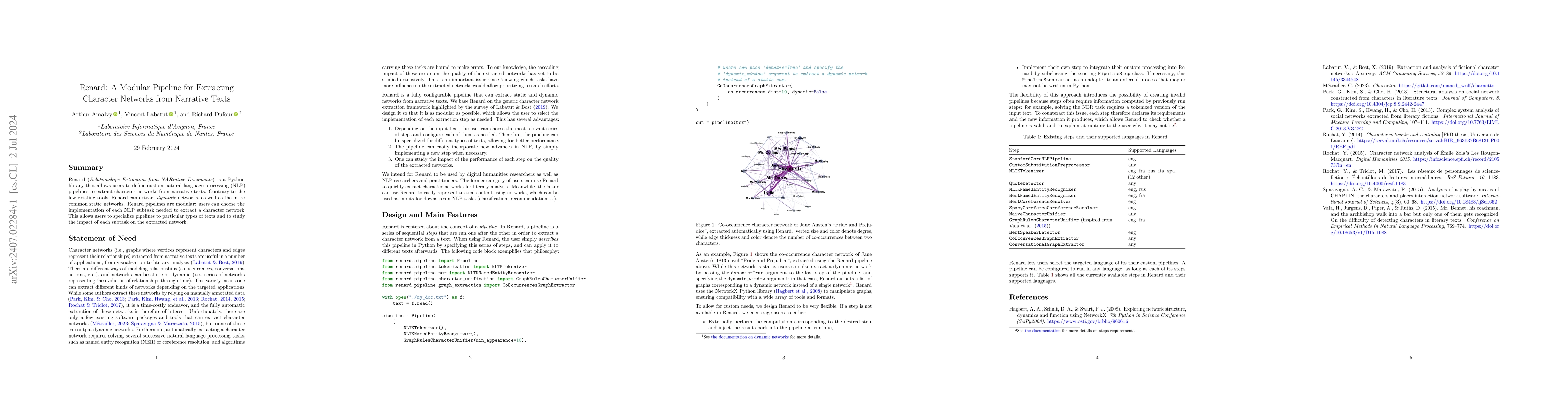 Thumbnail for Renard: A Modular Pipeline for Extracting Character Networks from
  Narrative Texts