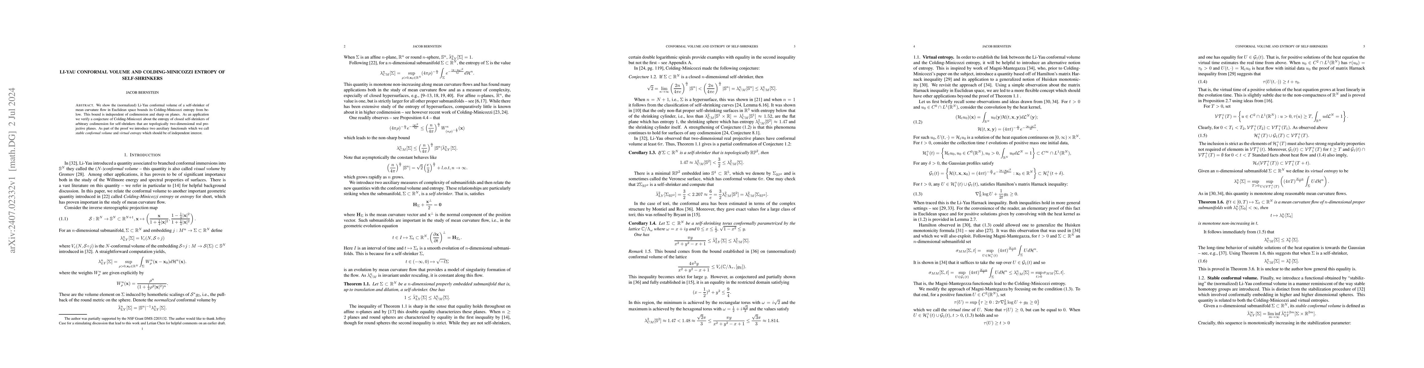 Thumbnail for Li-Yau Conformal Volume and Colding-Minicozzi Entropy of Self-Shrinkers