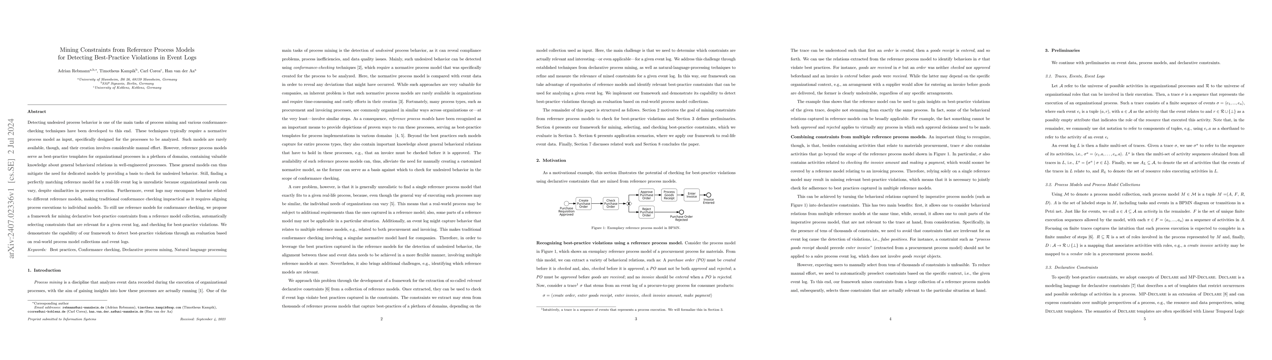 Thumbnail for Mining Constraints from Reference Process Models for Detecting
  Best-Practice Violations in Event Log