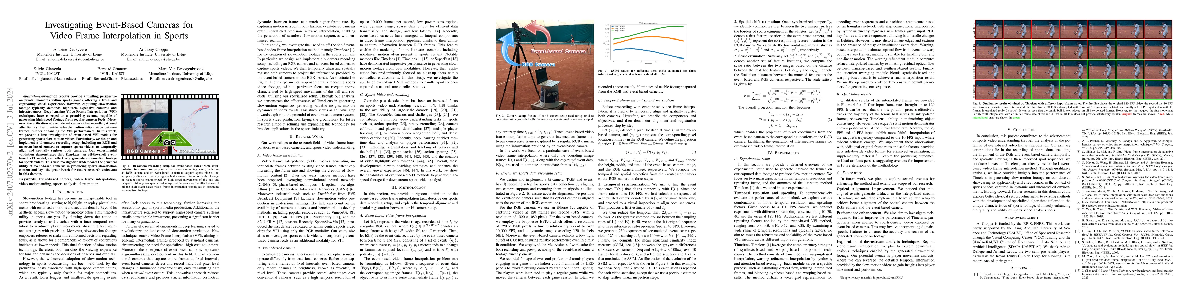 Thumbnail for Investigating Event-Based Cameras for Video Frame Interpolation in
  Sports