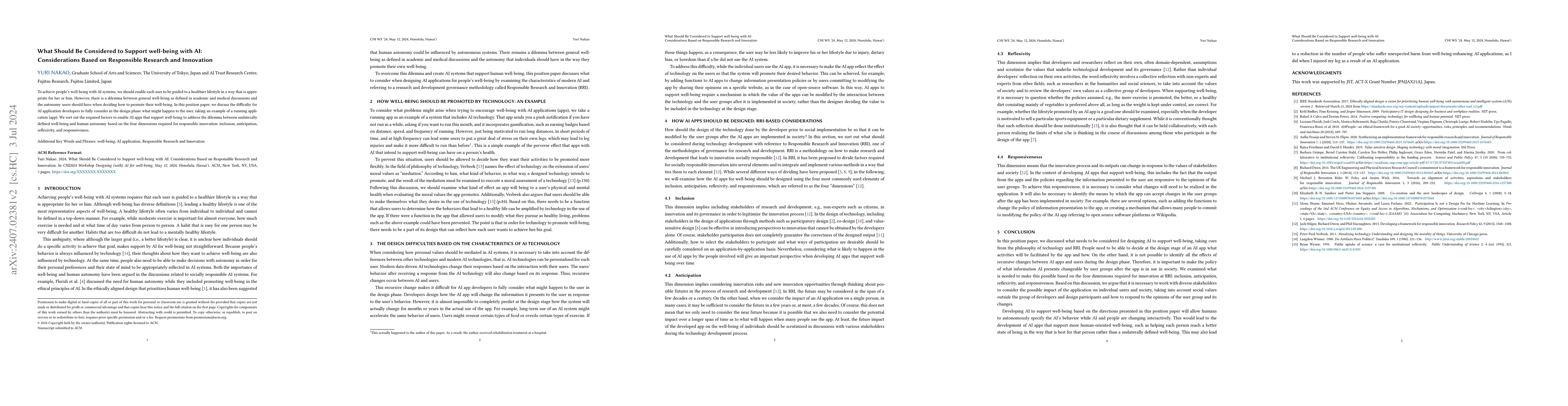 Thumbnail for What Should Be Considered to Support well-being with AI: Considerations
  Based on Responsible Research and Innovation