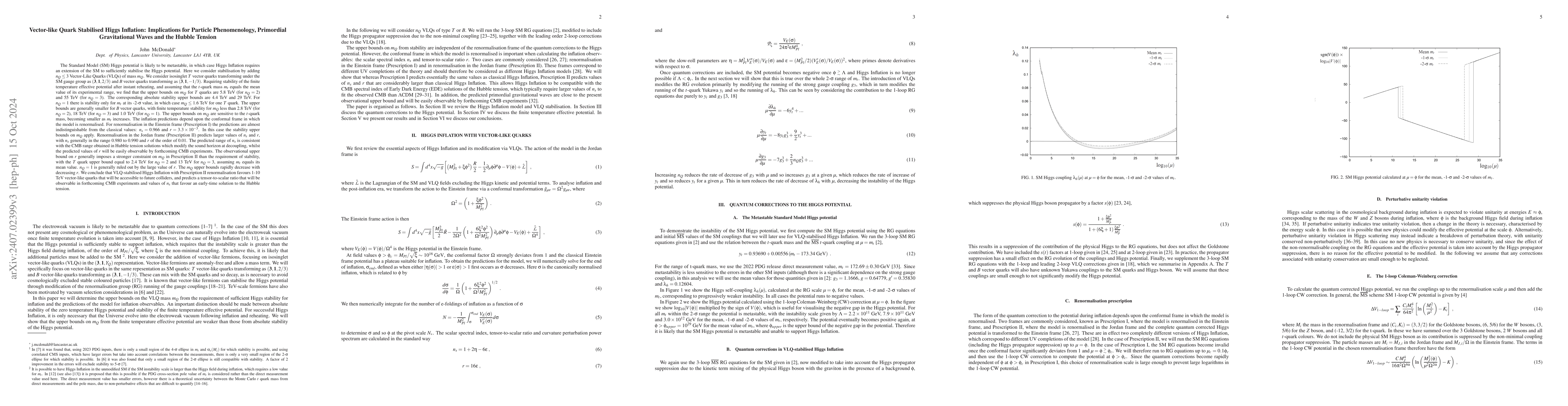 Thumbnail for Vector-like Quark Stabilised Higgs Inflation: Implications for Particle
  Phenomenology, Primordial Gravitational Waves and the Hubble Tension