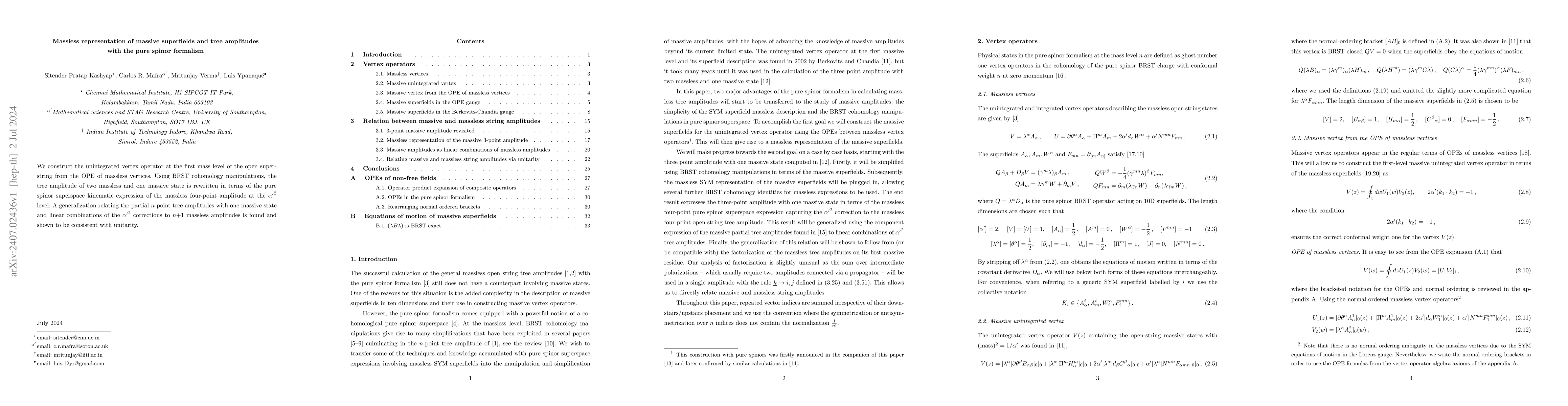 Thumbnail for Massless representation of massive superfields and tree amplitudes with
  the pure spinor formalism