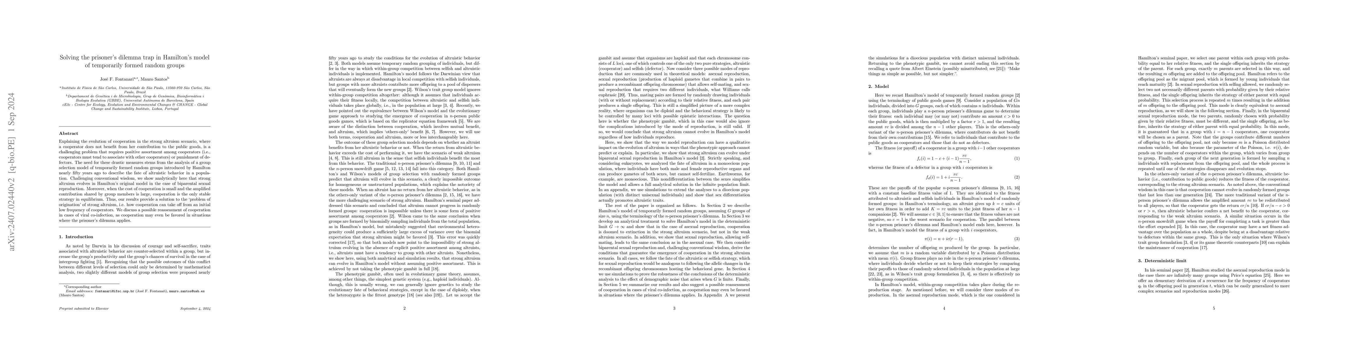 Thumbnail for Solving the prisoner's dilemma trap in Hamilton's model of temporarily
  formed random groups