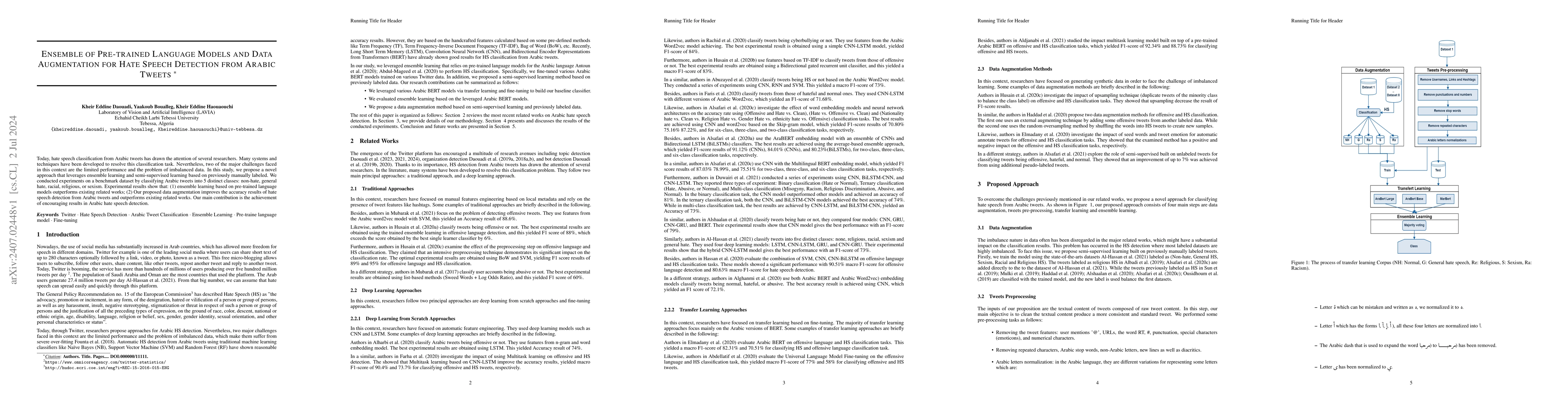 Thumbnail for Ensemble of pre-trained language models and data augmentation for hate
  speech detection from Arabic tweets