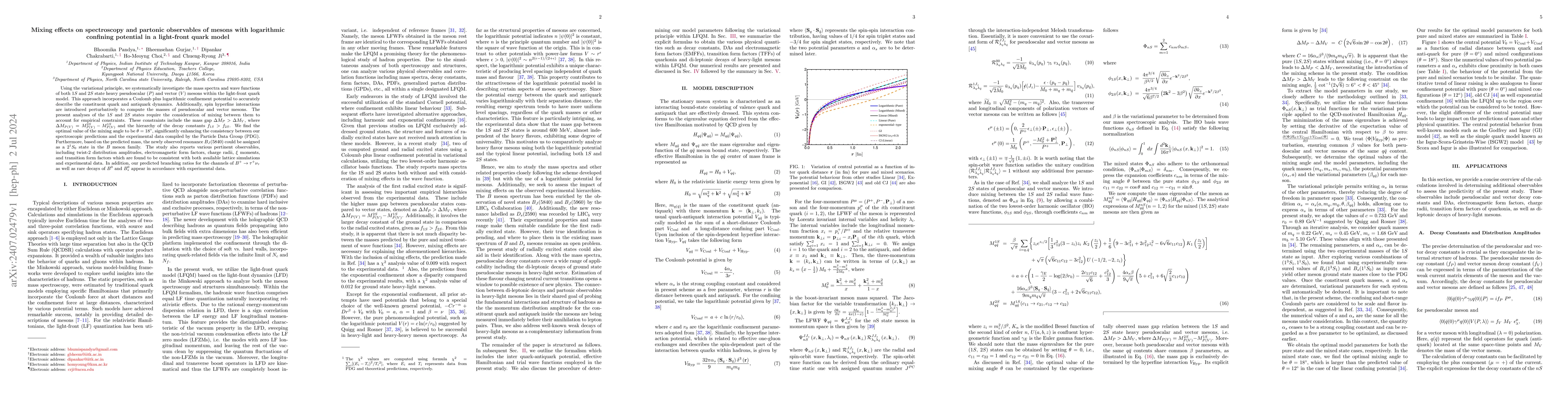 Thumbnail for Mixing effects on spectroscopy and partonic observables of mesons with
  logarithmic confining potential in a light-front quark model