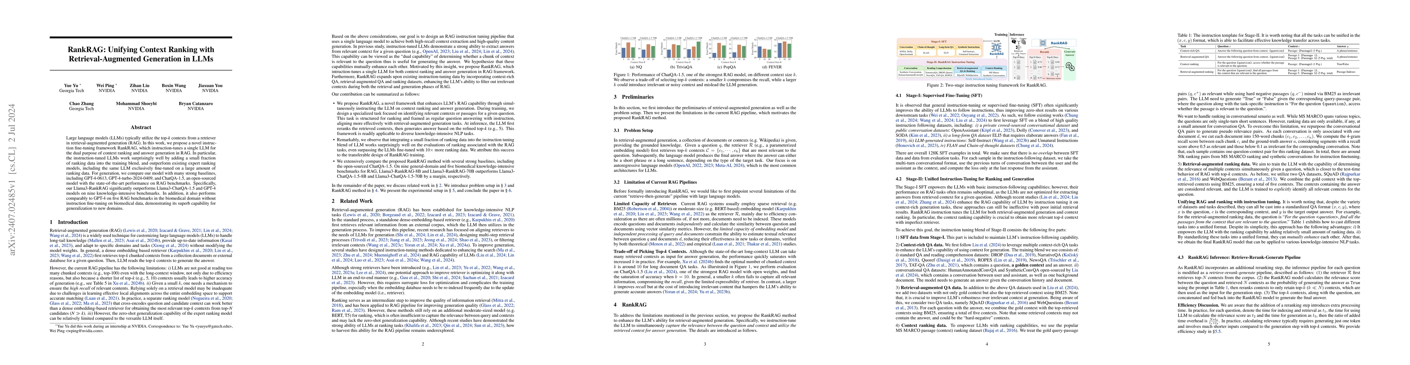 Thumbnail for RankRAG: Unifying Context Ranking with Retrieval-Augmented Generation in
  LLMs
