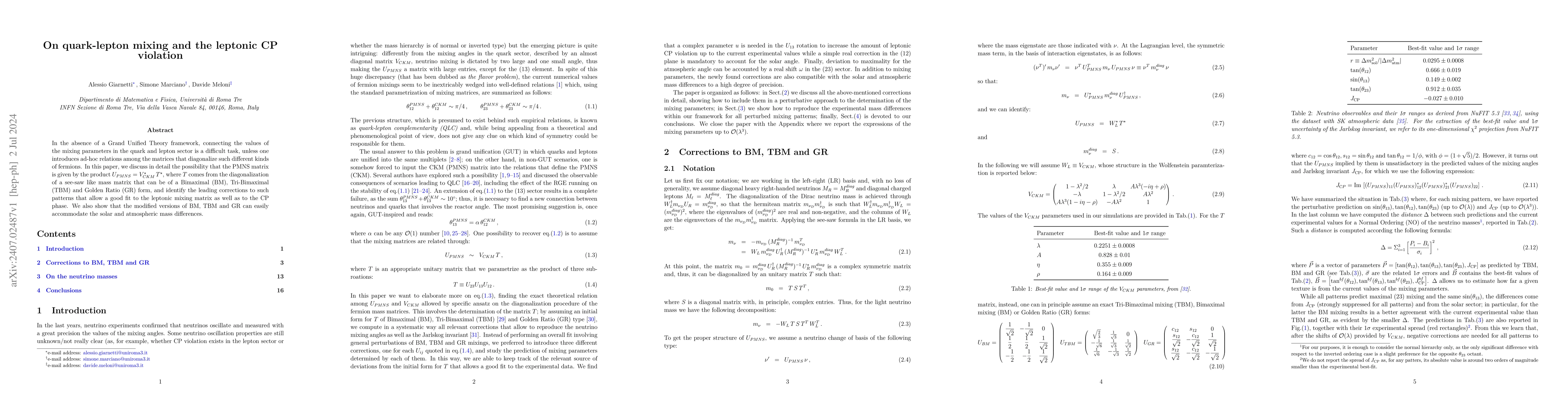 Thumbnail for On quark-lepton mixing and the leptonic CP violation