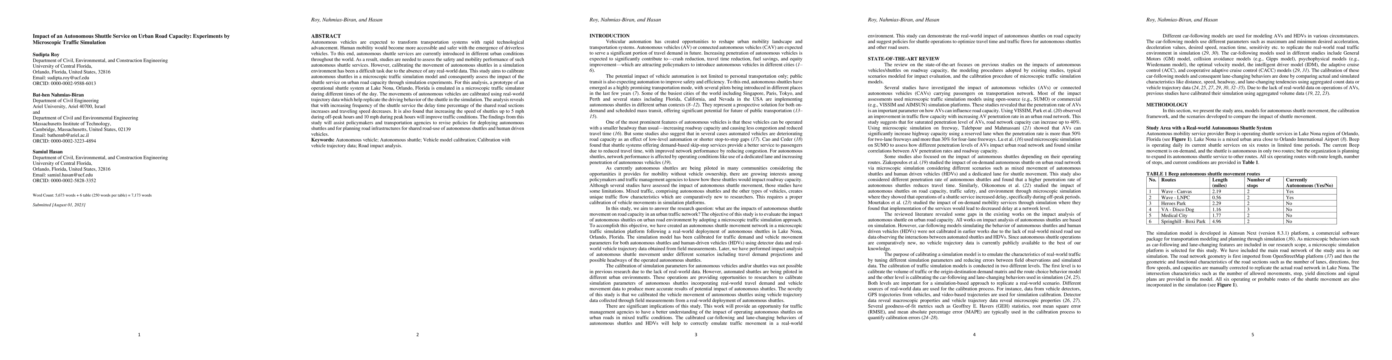 Thumbnail for Impact of an Autonomous Shuttle Service on Urban Road Capacity:
  Experiments by Microscopic Traffic Simulation