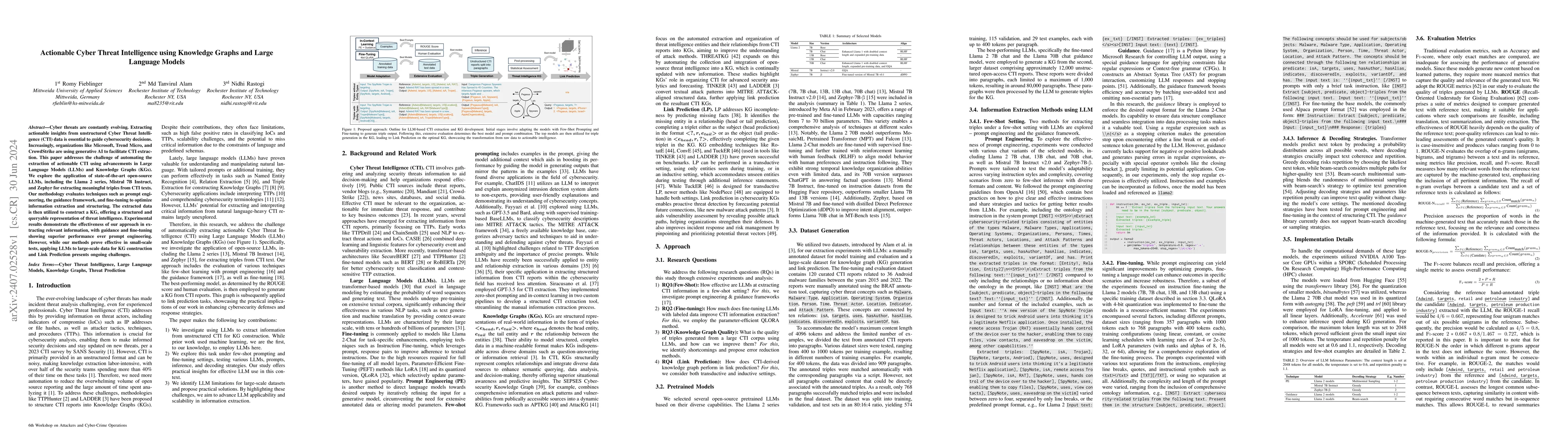 Thumbnail for Actionable Cyber Threat Intelligence using Knowledge Graphs and Large
  Language Models