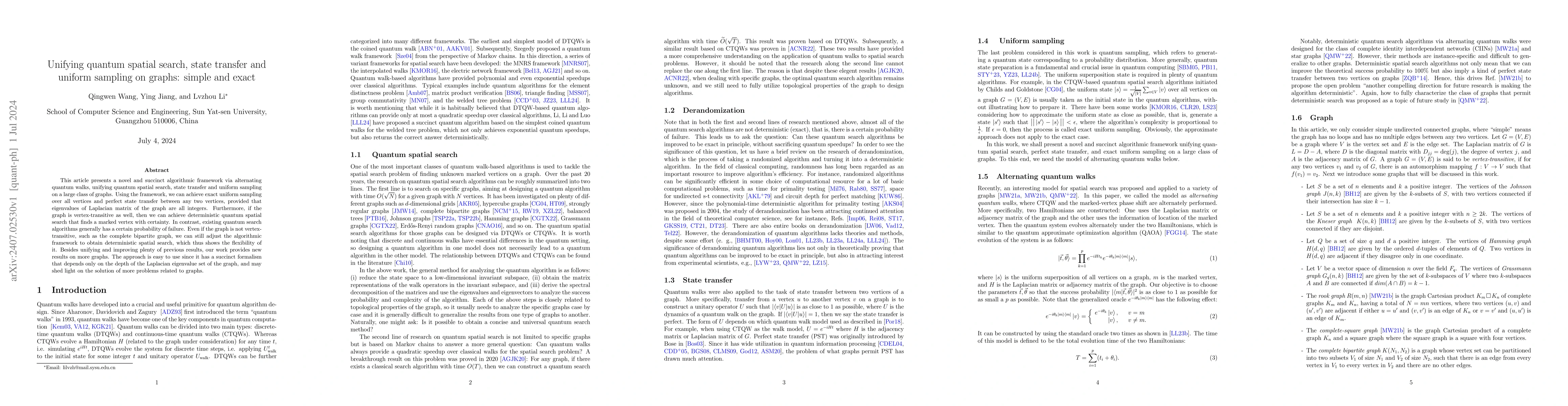 Thumbnail for Unifying quantum spatial search, state transfer and uniform sampling on
  graphs: simple and exact