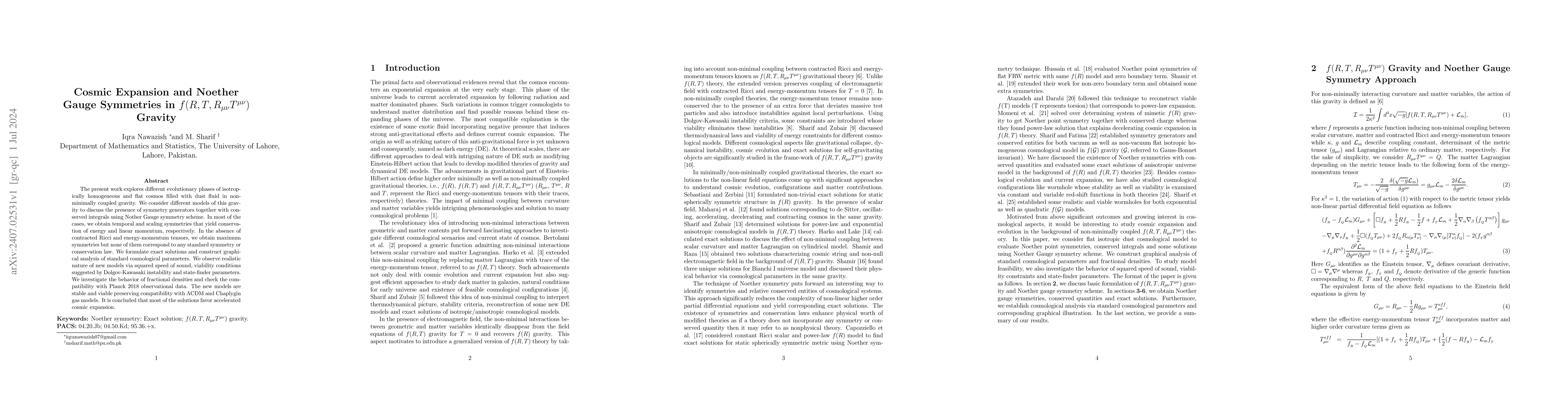 Thumbnail for Cosmic Expansion and Noether Gauge Symmetries in
  $f(R,T,R_{\mu\nu}T^{\mu\nu})$ Gravity