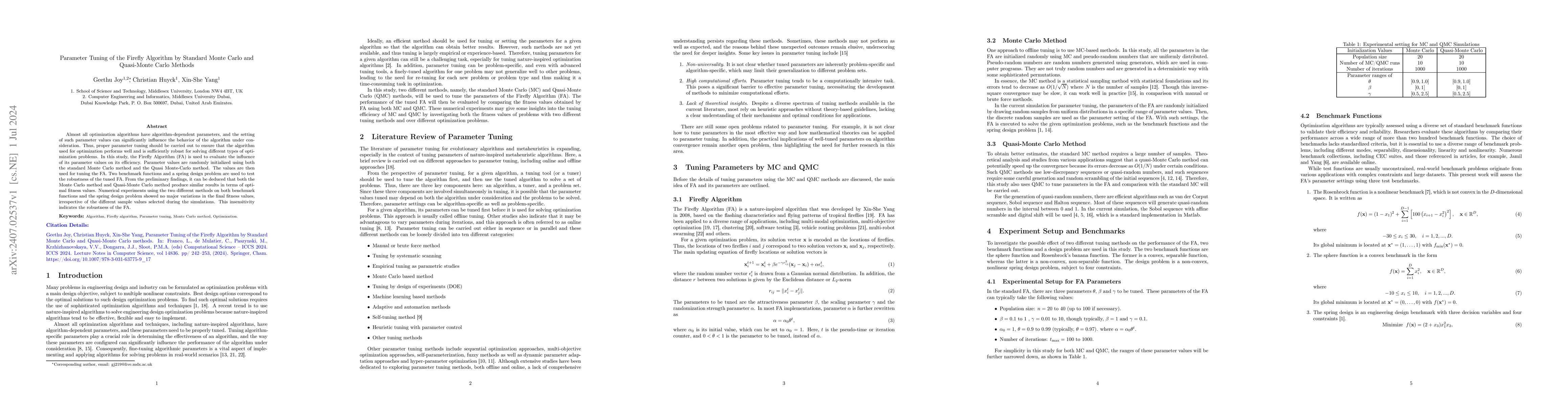 Thumbnail for Parameter Tuning of the Firefly Algorithm by Standard Monte Carlo and
  Quasi-Monte Carlo Methods