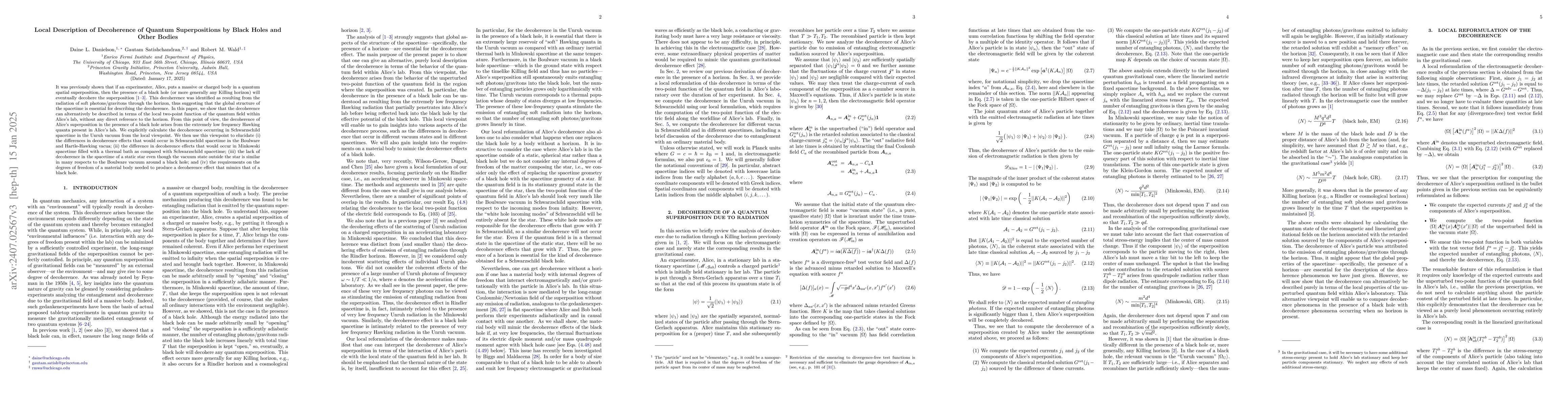 Thumbnail for Local Description of Decoherence of Quantum Superpositions by Black
  Holes and Other Bodies