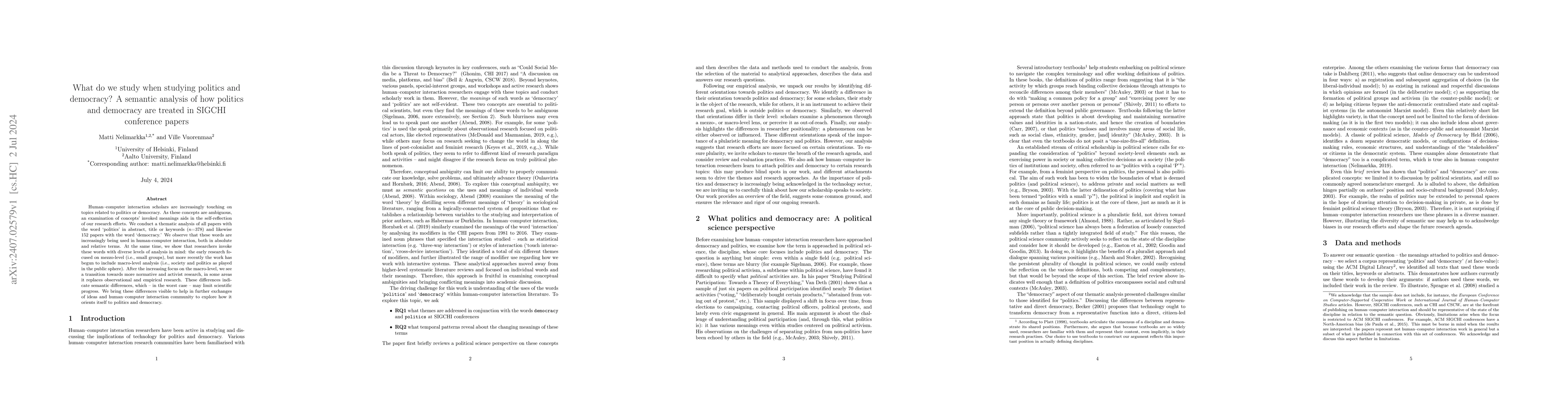 Thumbnail for What do we study when studying politics and democracy? A semantic
  analysis of how politics and democracy are treated in SIGCHI conference
  papers