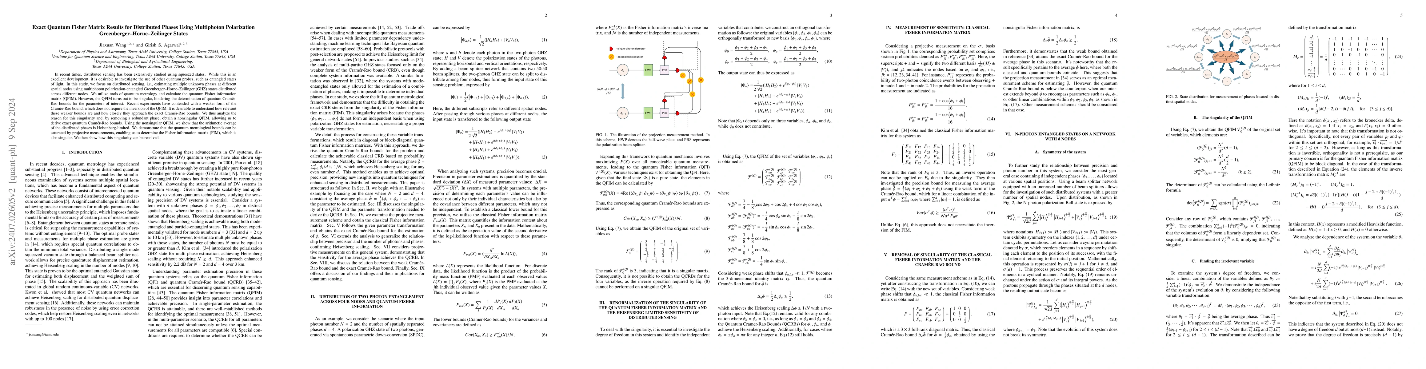 Thumbnail for Beyond Weak Cram\'er Rao Bound for Distributed Phases Using Multiphoton
  Polarization GHZ State: Exact Quantum Fisher Matrix Results