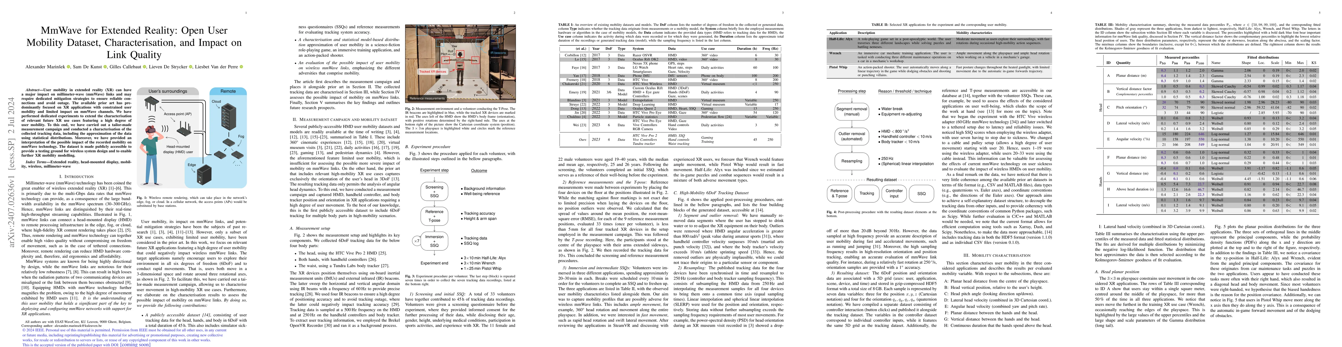 Thumbnail for MmWave for Extended Reality: Open User Mobility Dataset,
  Characterisation, and Impact on Link Quality