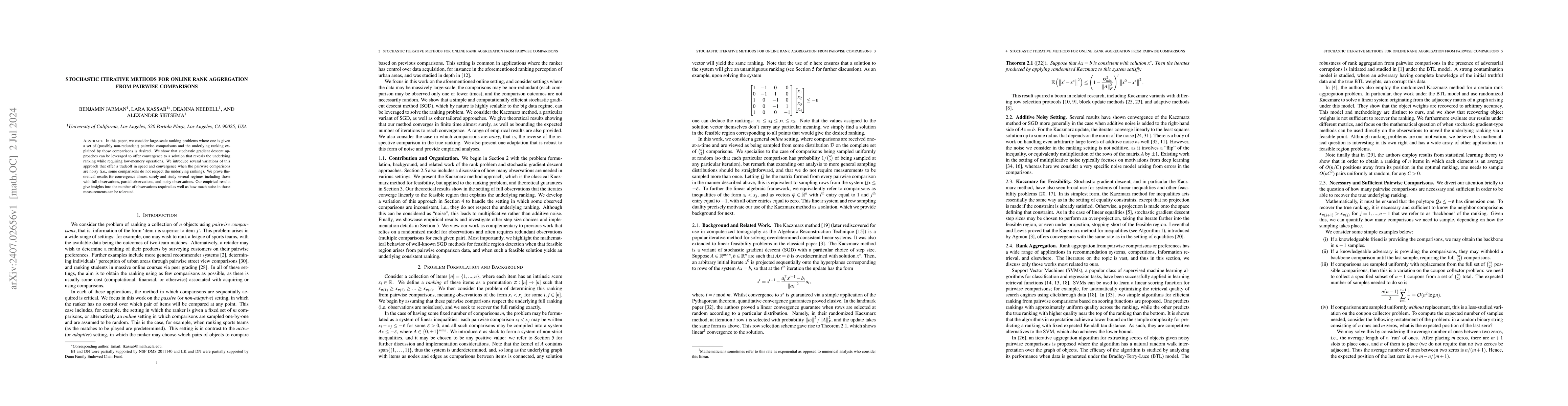 Thumbnail for Stochastic Iterative Methods for Online Rank Aggregation from Pairwise
  Comparisons