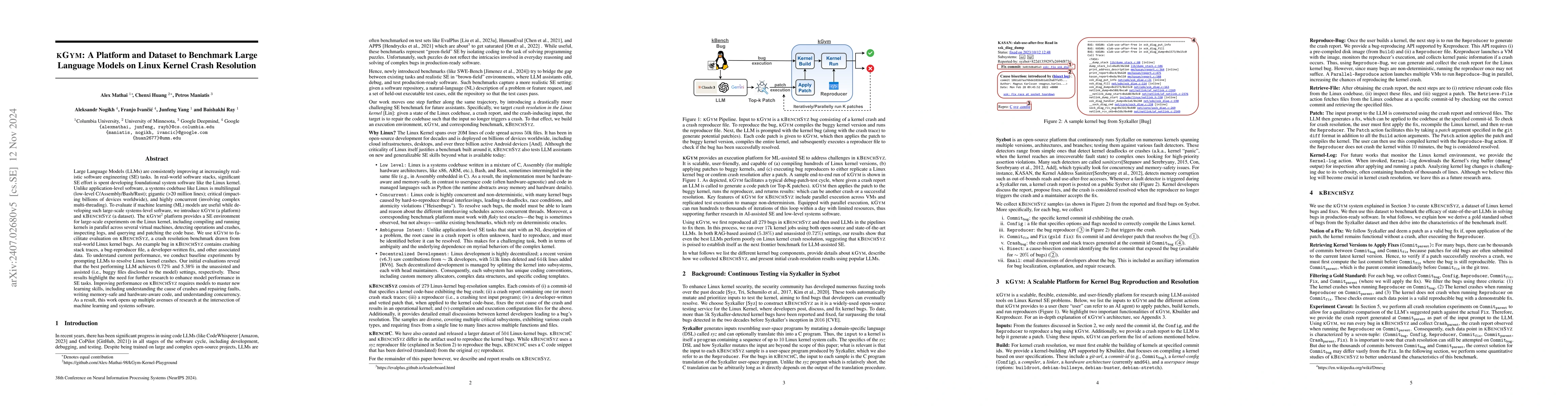 Thumbnail for KGym: A Platform and Dataset to Benchmark Large Language Models on Linux
  Kernel Crash Resolution