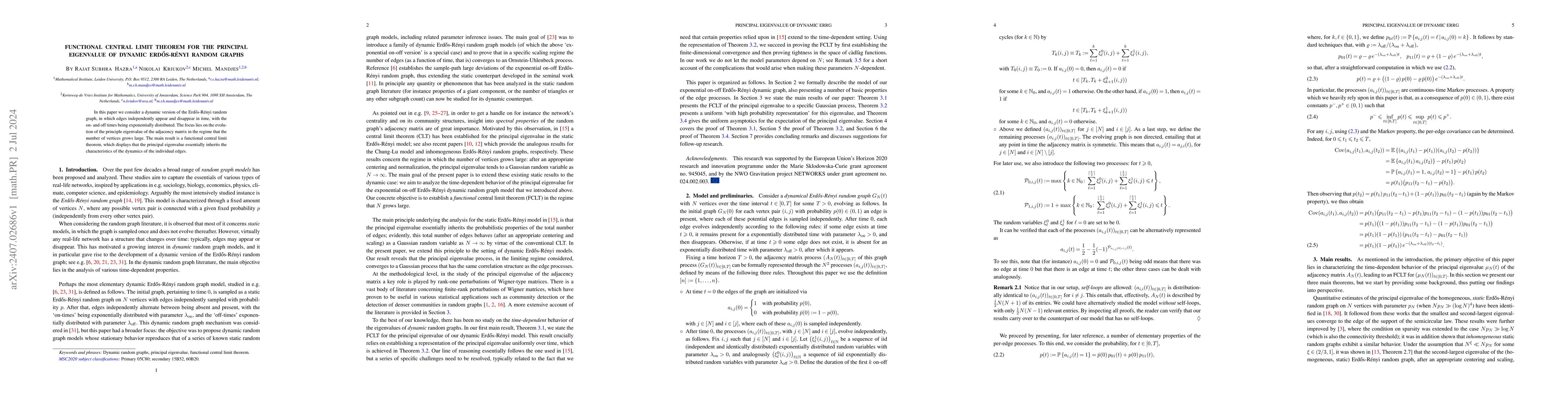 Thumbnail for Functional Central Limit Theorem for the principal eigenvalue of dynamic
  Erd\H{o}s-R\'enyi random graphs