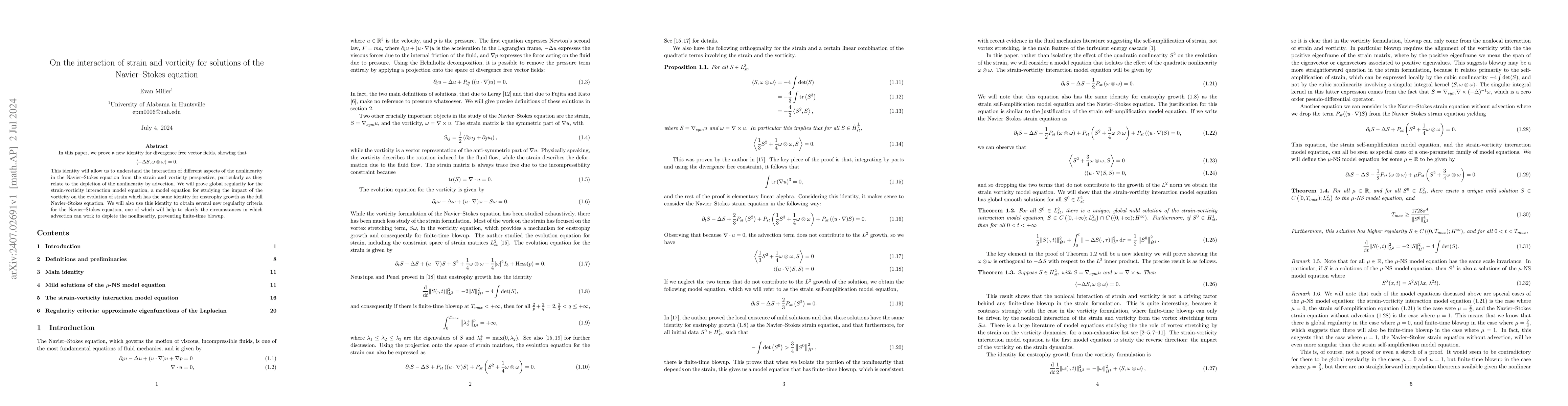 Thumbnail for On the interaction of strain and vorticity for solutions of the
  Navier--Stokes equation