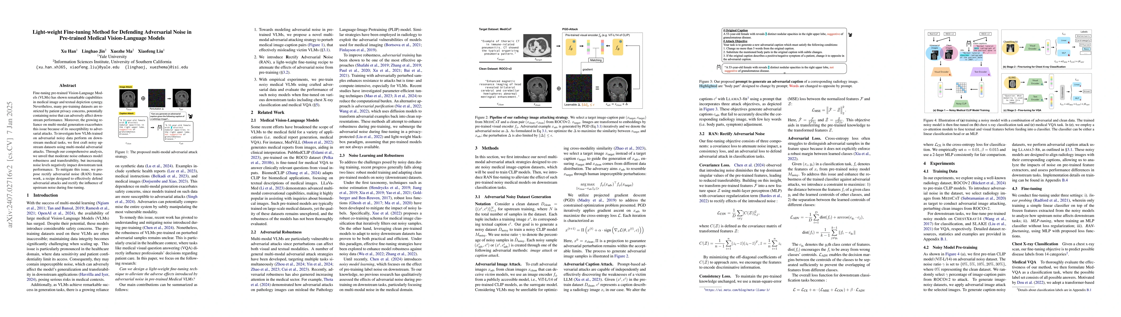 Thumbnail for Light-weight Fine-tuning Method for Defending Adversarial Noise in
  Pre-trained Medical Vision-Language Models