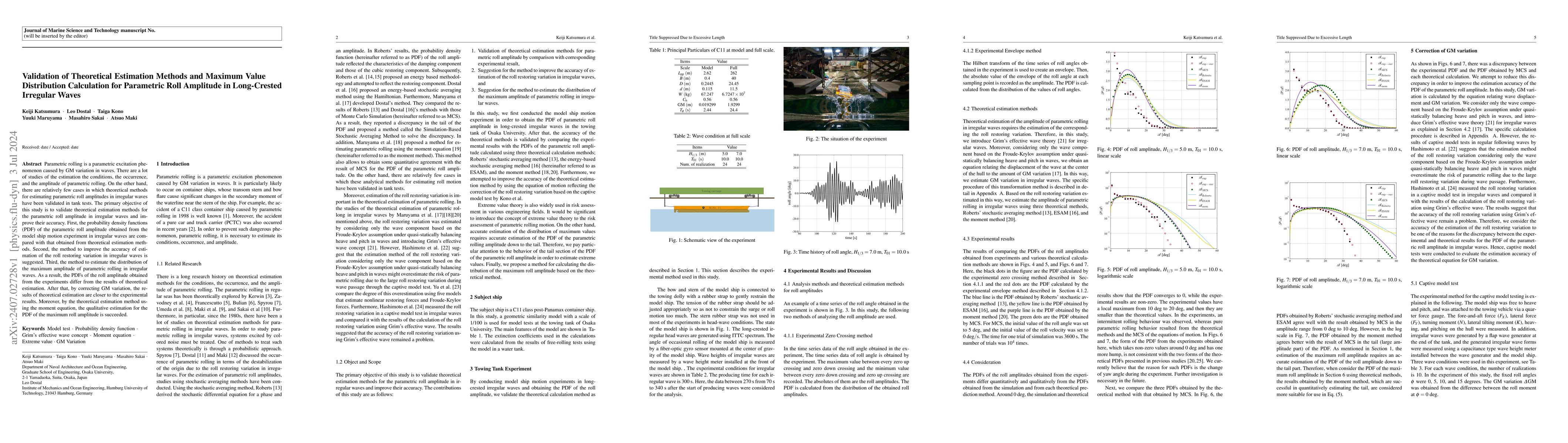 Thumbnail for Validation of Theoretical Estimation Methods and Maximum Value
  Distribution Calculation for Parametric Roll Amplitude in Long-Crested
  Irregular Waves