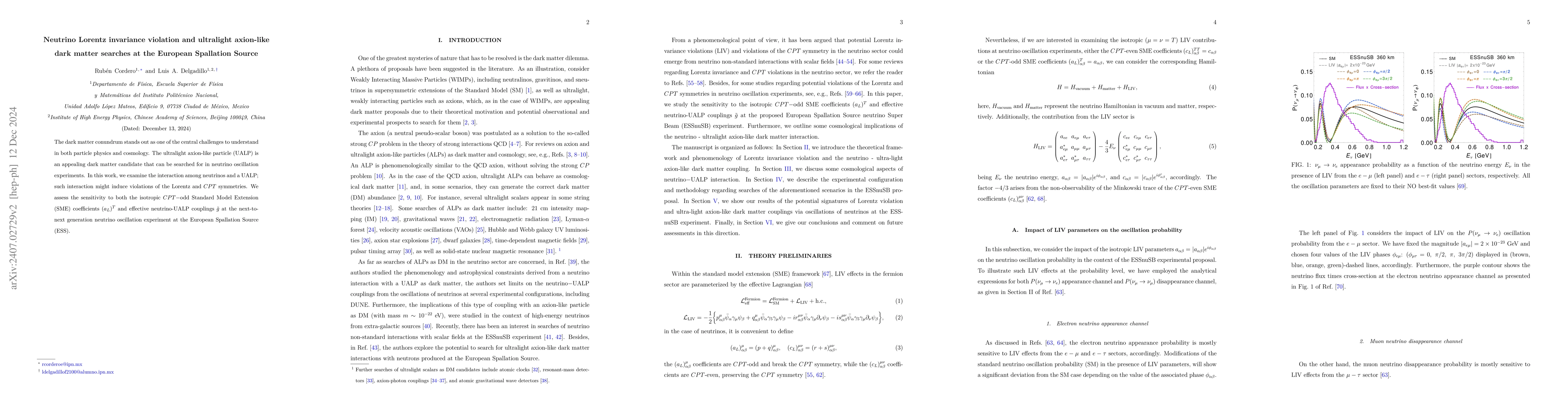 Thumbnail for Neutrino Lorentz invariance violation and ultralight axion-like dark
  matter searches at the European Spallation Source