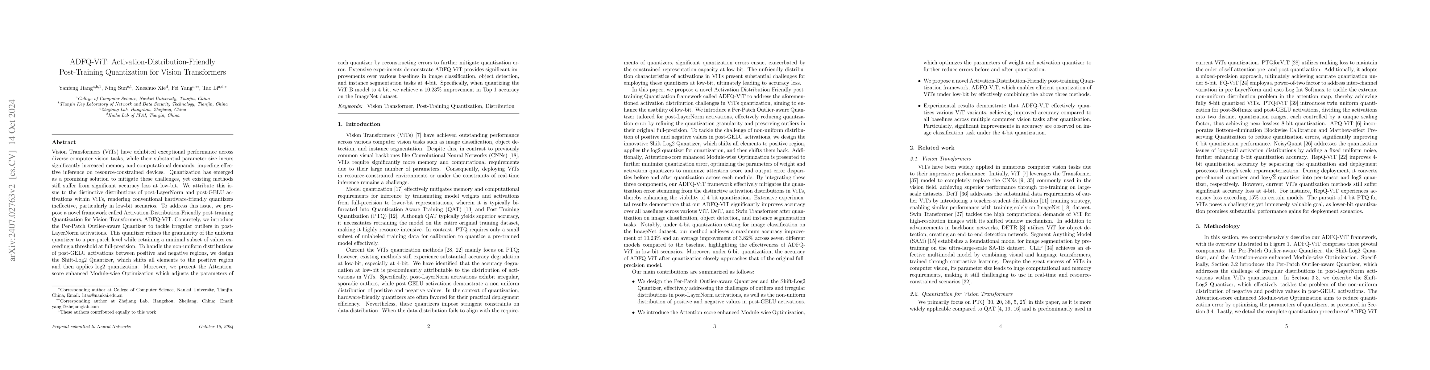 Thumbnail for ADFQ-ViT: Activation-Distribution-Friendly Post-Training Quantization
  for Vision Transformers