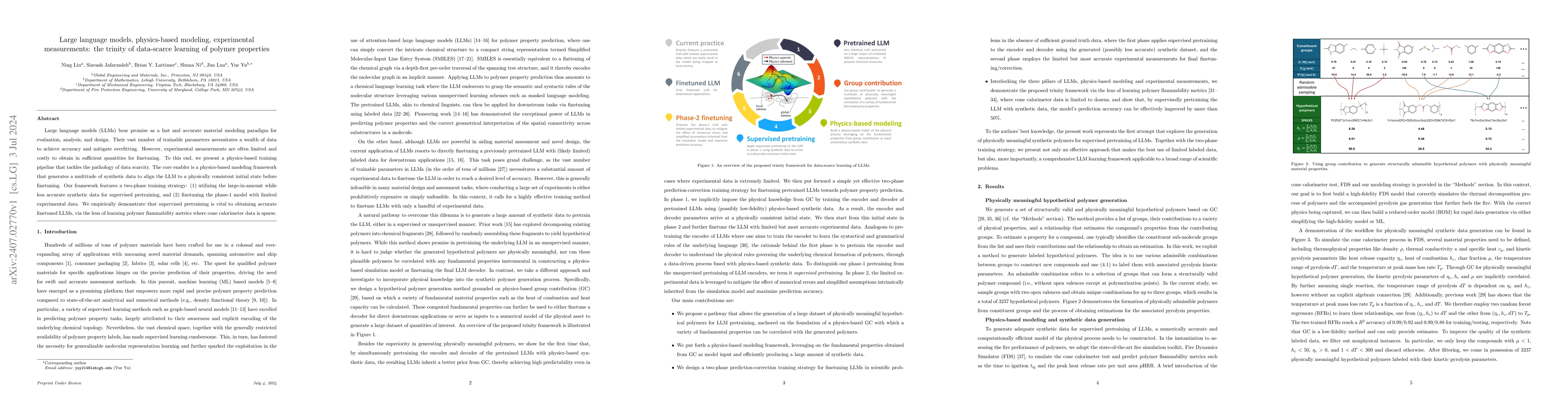 Thumbnail for Large language models, physics-based modeling, experimental
  measurements: the trinity of data-scarce learning of polymer properties
