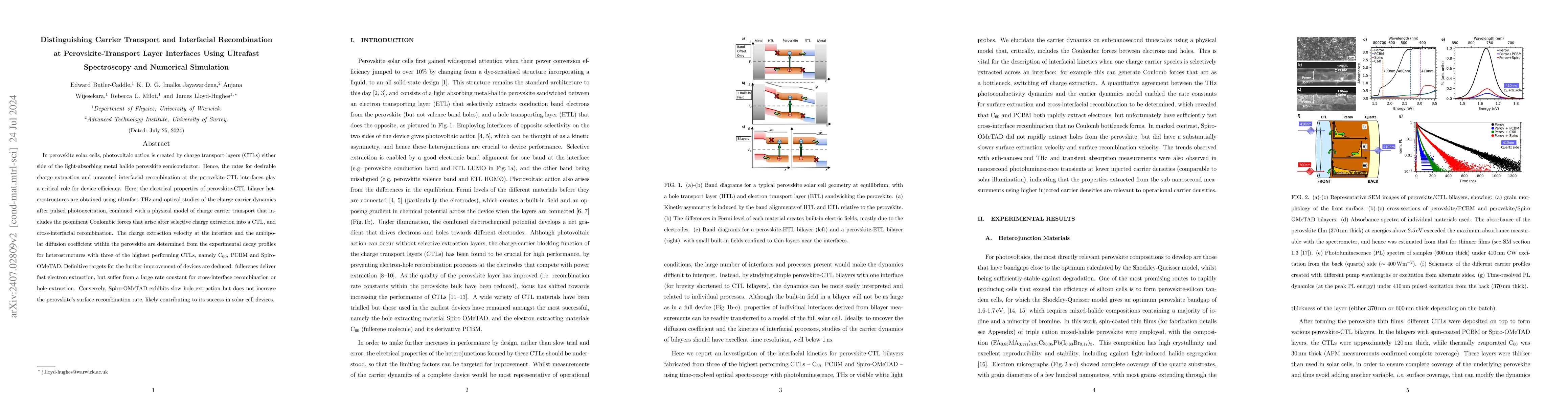 Thumbnail for Distinguishing Carrier Transport and Interfacial Recombination at
  Perovskite-Transport Layer Interfaces Using Ultrafast Spectroscopy and
  Numerical Simulation