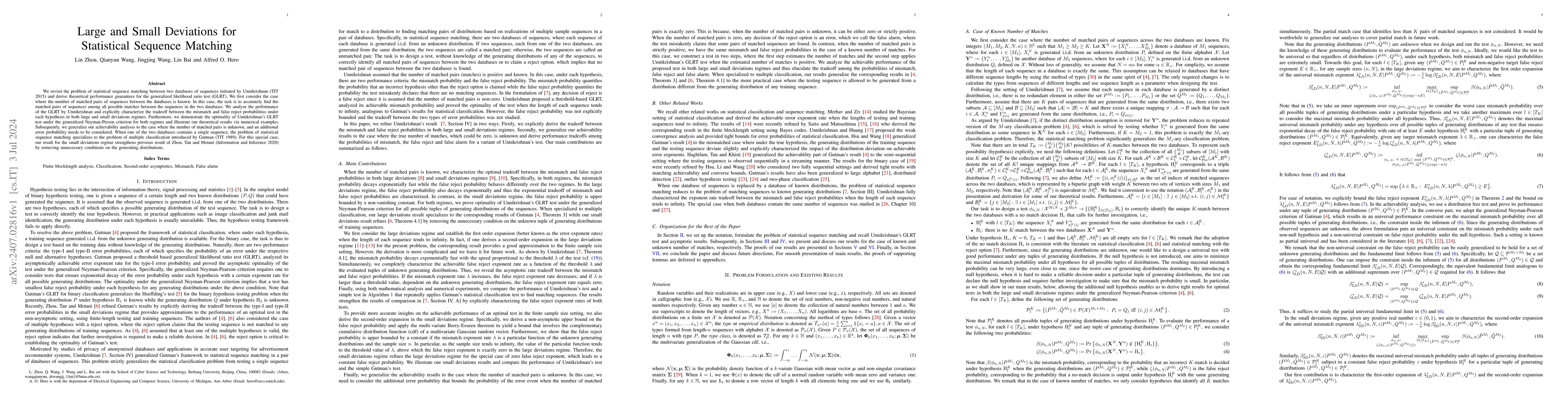 Thumbnail for Large and Small Deviations for Statistical Sequence Matching