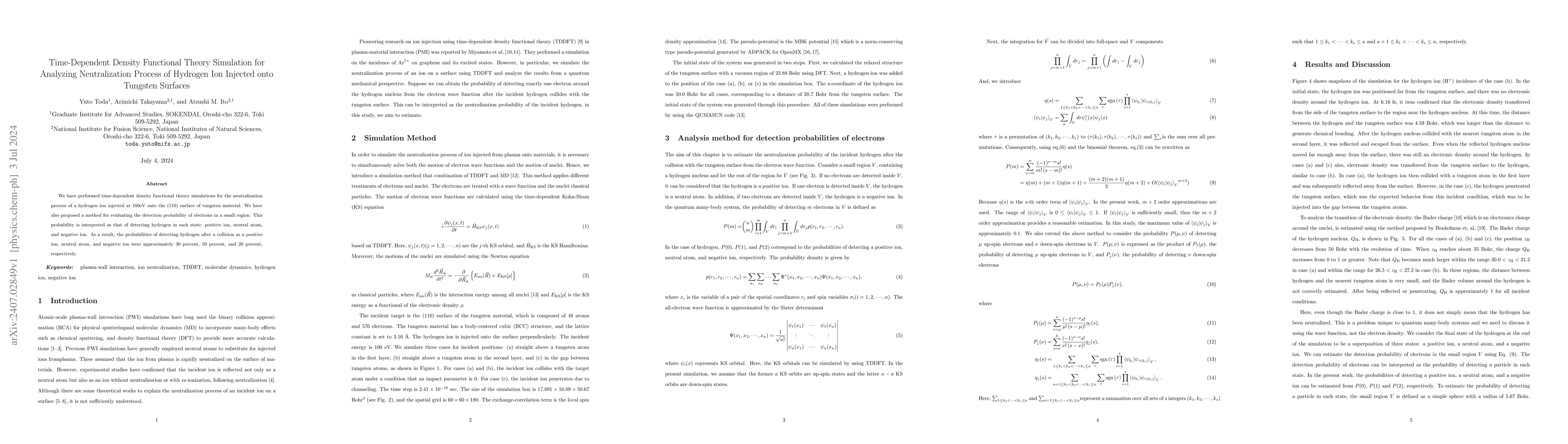 Thumbnail for Time-Dependent Density Functional Theory Simulation for Analyzing
  Neutralization Process of Hydrogen Ion Injected onto Tungsten Surfaces