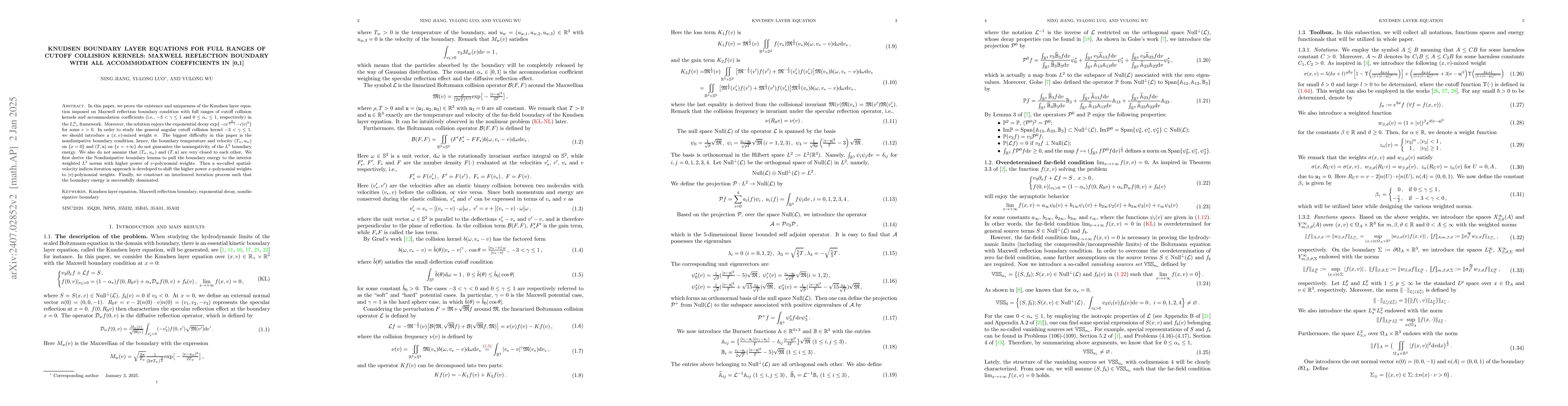 Thumbnail for Knudsen boundary layer equations for full ranges of cutoff collision
  kernels: Maxwell reflection boundary with all accommodation coefficients in
  [0,1]