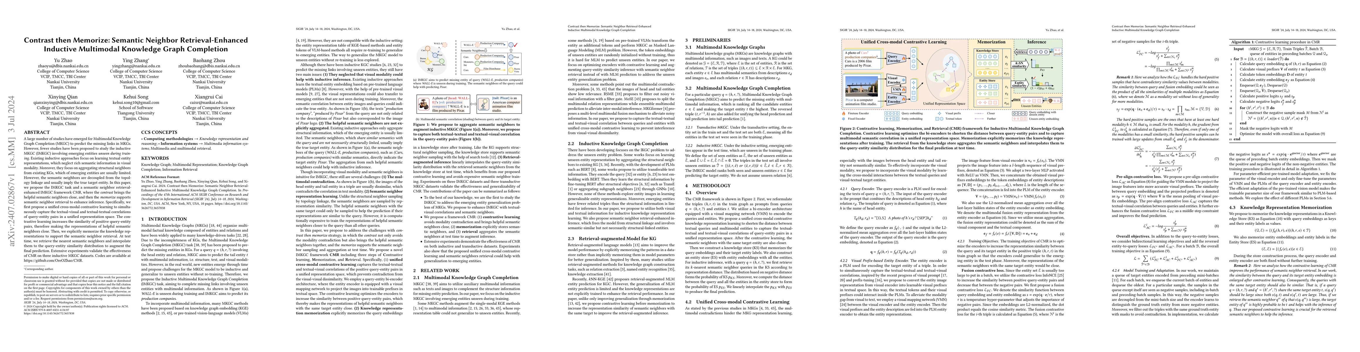 Thumbnail for Contrast then Memorize: Semantic Neighbor Retrieval-Enhanced Inductive
  Multimodal Knowledge Graph Completion