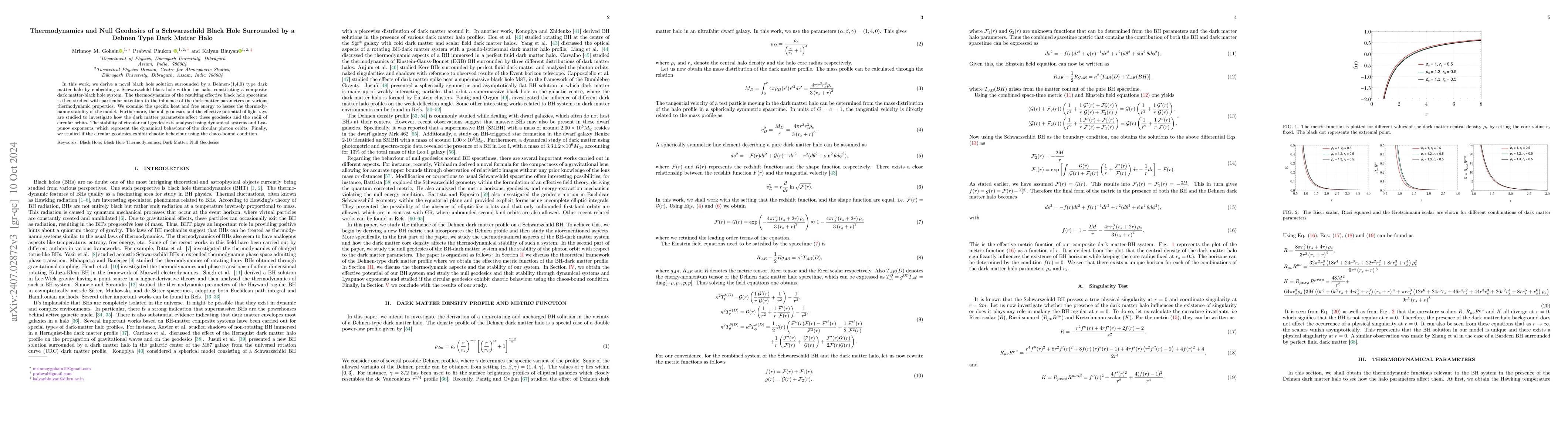 Thumbnail for Thermodynamics and Null Geodesics of a Schwarzschild Black Hole
  Surrounded by a Dehnen Type Dark Matter Halo