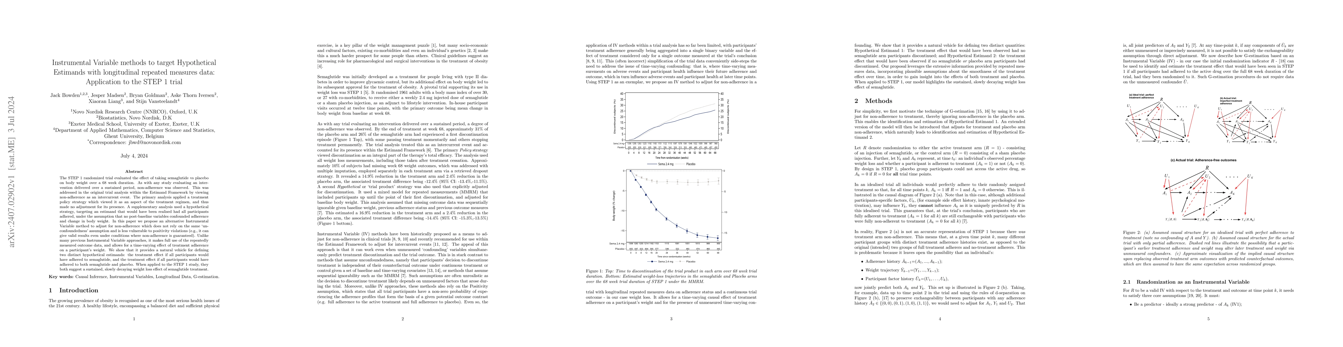 Thumbnail for Instrumental Variable methods to target Hypothetical Estimands with
  longitudinal repeated measures data: Application to the STEP 1 trial