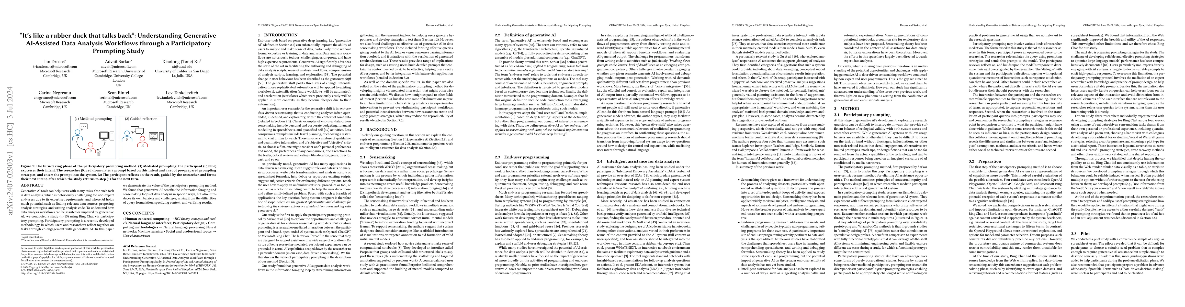 Thumbnail for "It's like a rubber duck that talks back": Understanding Generative
  AI-Assisted Data Analysis Workflows through a Participatory Prompting Study