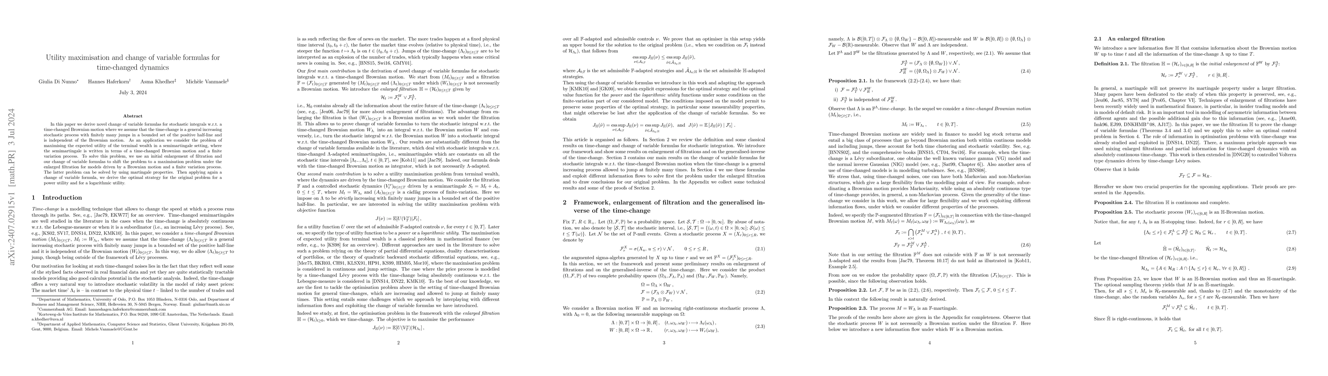 Thumbnail for Utility maximisation and change of variable formulas for time-changed
  dynamics
