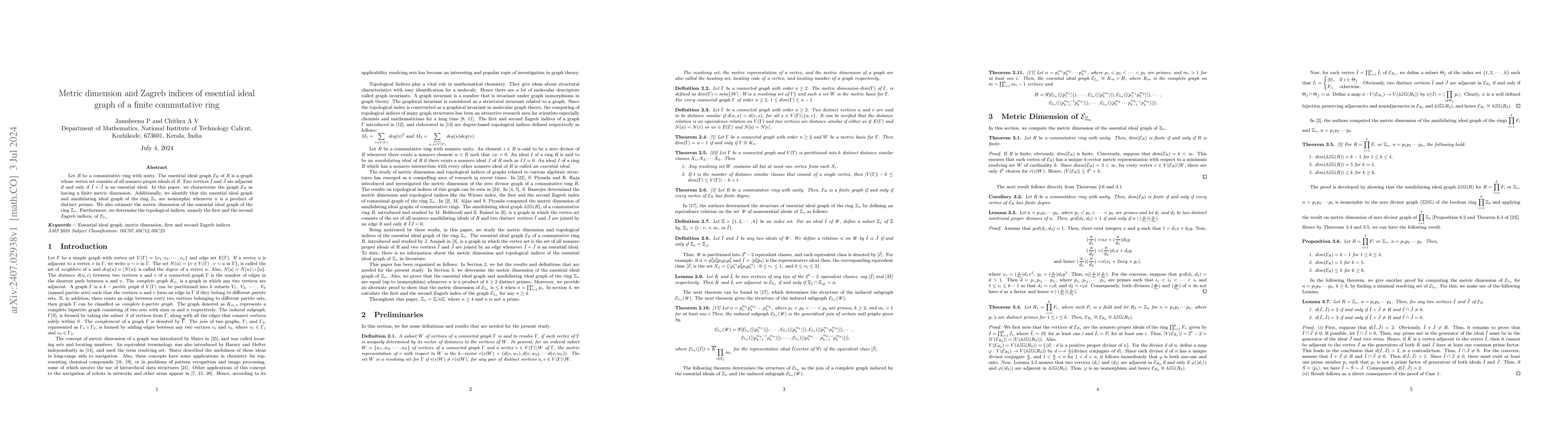 Thumbnail for Metric dimension and Zagreb indices of essential ideal graph of a finite
  commutative ring