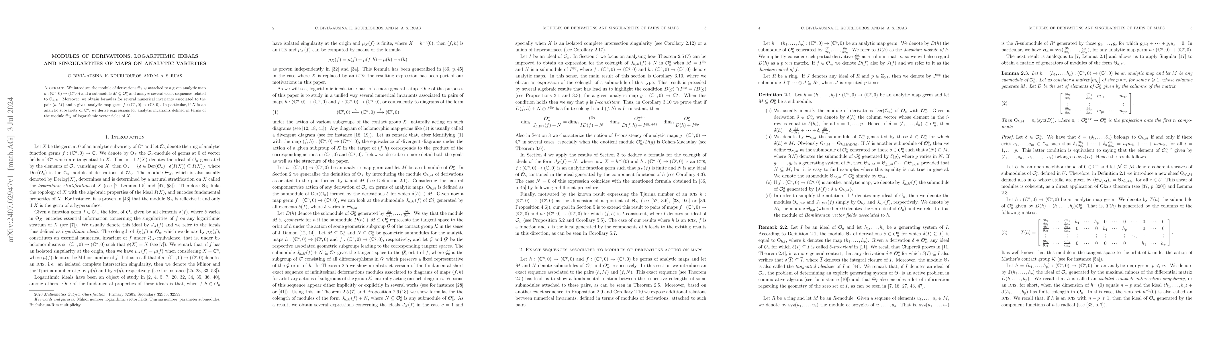 Thumbnail for Modules of derivations, logarithmic ideals and singularities of maps on
  analytic varieties